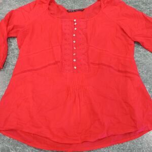 Zara Womens Red Crochet Eyelet Lightweight Popover Pleated Blouse Top Size M